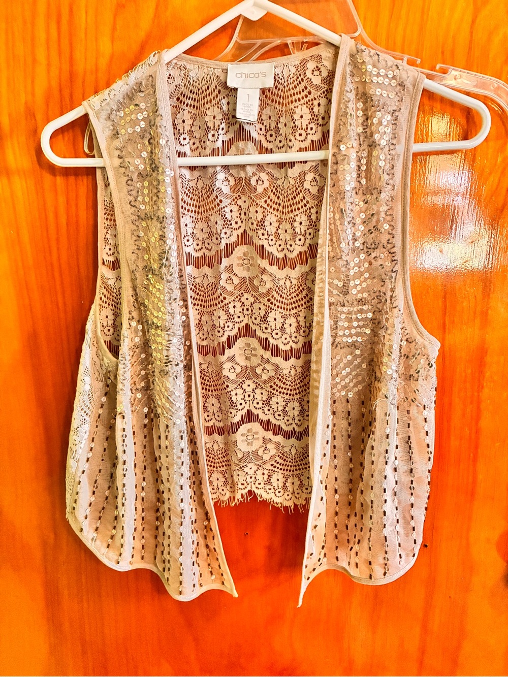 Chico's Sequin & Lace Open Front Vest in Beige